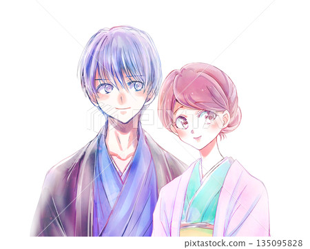 穿著和服的男人和女人互相擁抱，大打出手 135095828