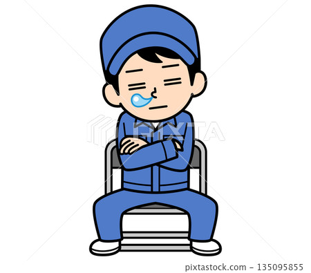 A simple worker man dozing off while sitting on a pipe chair 135095855