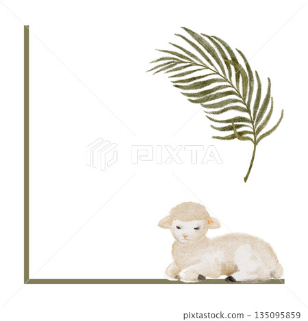 Watercolor lamb with palm leaf frame, hand-painted illustration isolated on white. Easter and Palm Sunday design with copy space, ideal for church invitation, card, faith-based decor. worship project. 135095859