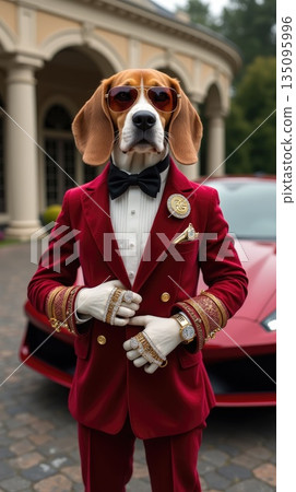 Stylish beagle dog in a red tuxedo with sunglasses posing confidently beside a luxury sports car 135095996