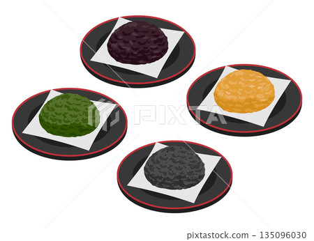Illustration of ohagi (red bean paste, kinako, green laver, black sesame) Illustration of ohagi (red bean paste, kinako, green laver, black sesame) 135096030