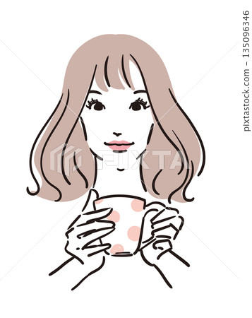 Line drawing of a woman with medium-long hair holding a mug Line drawing of a woman with medium-long hair holding a mug 135096346
