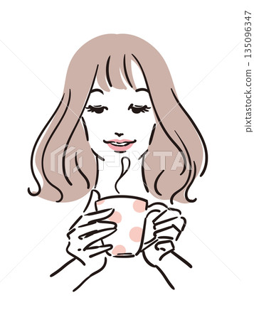 Line drawing of a woman with medium-long hair holding a mug 135096347