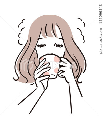 一幅簡單的線條畫，描繪了一位女士正在品嚐一杯咖啡。 135096348