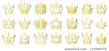 Gold line crown icon vector set, decorative outline royalty signs. Golden gradient decorative luxury cliparts, elegant king and queen pictograms Gold line crown icon vector set, decorative outline royalty signs. Golden gradient decorative luxury cliparts, elegant king and queen pictograms 135096479