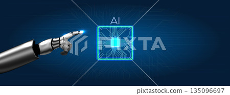 A robot hand is reaching towards a brightly lit chip labeled AI. The background shows a blue color with circuit patterns. This scene shows a connection between robotics and artificial intelligence. A robot hand is reaching towards a brightly lit chip labeled AI. The background shows a blue color with circuit patterns. This scene shows a connection between robotics and artificial intelligence. 135096697