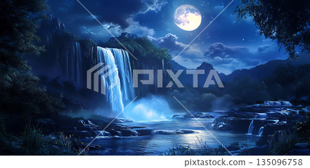 Beneath the Silvery Gaze of the Moon Water Cascades a Timeless Symphony of Natures Beauty 135096758