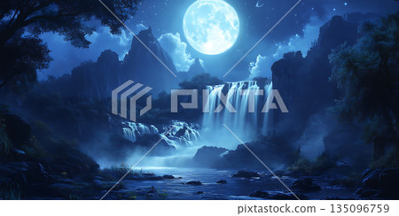 Beneath the Silvery Gaze of the Moon Water Cascades a Timeless Symphony of Natures Beauty 135096759