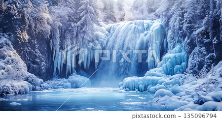 Frozen Water Cascades Over Icy Cliffs into a Crystal Pool Where Winter's Stillness Reigns Supreme 135096794