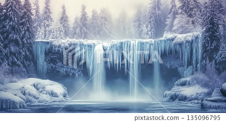 Frozen Water Cascades Over Icy Cliffs into a Crystal Pool Where Winter's Stillness Reigns Supreme 135096795