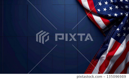 American Flag Draped Over Dark Blue Wall Tiles, Patriotic Scene for News and Events. American Flag Draped Over Dark Blue Wall Tiles, Patriotic Scene for News and Events. 135096989