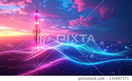 Eiffel Tower in Paris at sunset with its radio antenna reaching into the blue sky and clouds 135097171