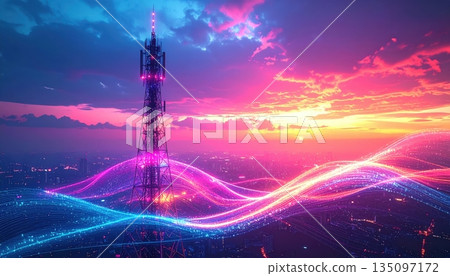 Eiffel Tower in Paris at sunset with its radio antenna reaching into the blue sky and clouds 135097172