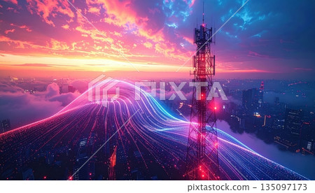 Eiffel Tower in Paris at sunset with its radio antenna reaching into the blue sky and clouds Eiffel Tower in Paris at sunset with its radio antenna reaching into the blue sky and clouds 135097173
