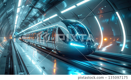 A fast moving passenger train speeds through a city metro station with motion blur on the underground rail track 135097175