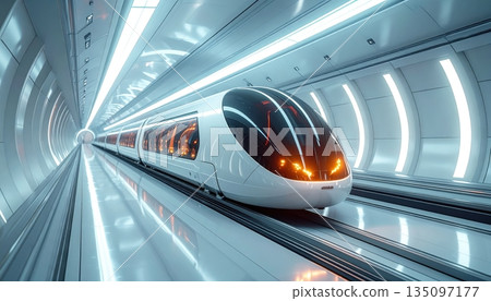 A fast moving passenger train speeds through a city metro station with motion blur on the underground rail track A fast moving passenger train speeds through a city metro station with motion blur on the underground rail track 135097177