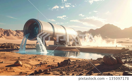 Oil storage tanks stand against a desert landscape where the power of nature meets a flowing stream and cascade of rock Oil storage tanks stand against a desert landscape where the power of nature meets a flowing stream and cascade of rock 135097178
