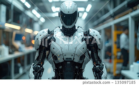 3D futuristic female cyborg warrior mannequin wearing metal armor and a helmet stands in front of a shop wall like a high-tech military robot statue 135097185