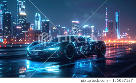 Urban traffic flows through the downtown city street at night as cars drive past illuminated skyscrapers and office buildings in a high speed motion across the highway 135097187