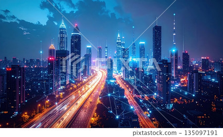 A vibrant night cityscape of Hong Kong features motion blur from traffic on a highway winding through downtown skyscrapers and urban architecture in China A vibrant night cityscape of Hong Kong features motion blur from traffic on a highway winding through downtown skyscrapers and urban architecture in China 135097191
