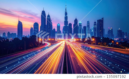 A vibrant night cityscape of Hong Kong features motion blur from traffic on a highway winding through downtown skyscrapers and urban architecture in China A vibrant night cityscape of Hong Kong features motion blur from traffic on a highway winding through downtown skyscrapers and urban architecture in China 135097192