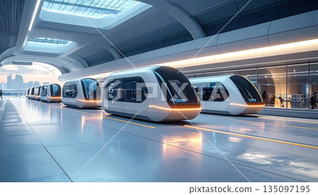 A fast motion blur captures a train speeding past the escalator in a Moscow subway station, highlighting the underground urban transportation and city metro travel way 135097195