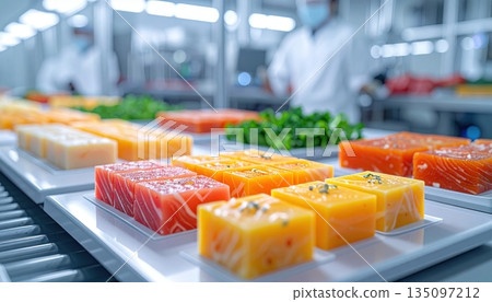 A young woman lifestyle customer buying fresh organic fruit and vegetable produce with a shopping basket at the grocery store retail market 135097212