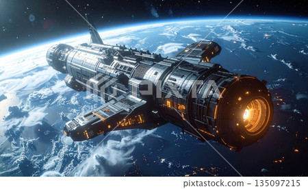 A 3d satellite orbiting earth in the dark universe with the sun light illuminating the blue atmosphere and stars over a night landscape of clouds and sea A 3d satellite orbiting earth in the dark universe with the sun light illuminating the blue atmosphere and stars over a night landscape of clouds and sea 135097215