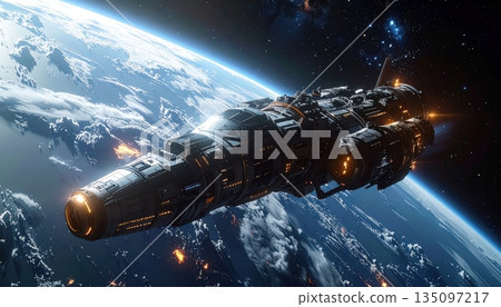 A 3d satellite orbiting earth in the dark universe with the sun light illuminating the blue atmosphere and stars over a night landscape of clouds and sea A 3d satellite orbiting earth in the dark universe with the sun light illuminating the blue atmosphere and stars over a night landscape of clouds and sea 135097217