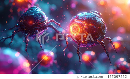 A macro close-up of a metallic spaceship and UFO flying through space like a red ladybug beetle hovering over a dark garden leaf A macro close-up of a metallic spaceship and UFO flying through space like a red ladybug beetle hovering over a dark garden leaf 135097232