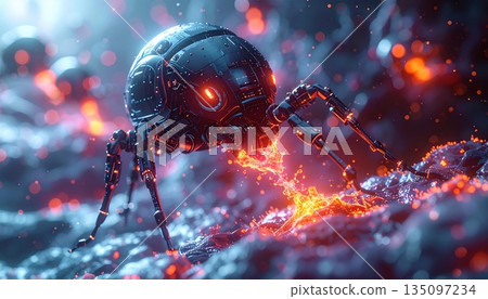 A macro close-up of a metallic spaceship and UFO flying through space like a red ladybug beetle hovering over a dark garden leaf 135097234