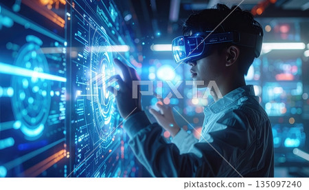 A young man listening to music as a digital DJ in action connects to a global data network using future technology and software design for a 3d communication concept A young man listening to music as a digital DJ in action connects to a global data network using future technology and software design for a 3d communication concept 135097240