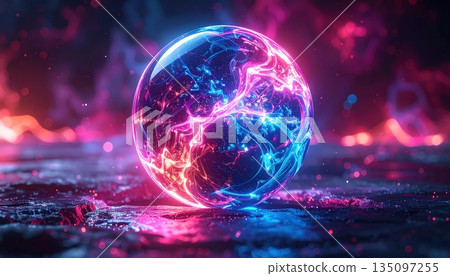A glowing 3d blue planet Earth rotates in the dark galaxy space among stars and clouds with the sun light illuminating the global atmosphere and world map 135097255