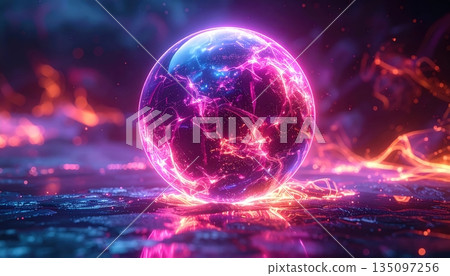 A glowing 3d blue planet Earth rotates in the dark galaxy space among stars and clouds with the sun light illuminating the global atmosphere and world map 135097256