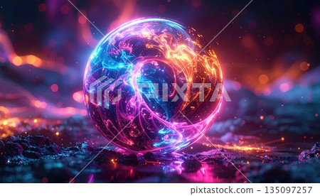 A glowing 3d blue planet Earth rotates in the dark galaxy space among stars and clouds with the sun light illuminating the global atmosphere and world map 135097257