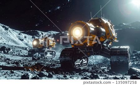 A white spaceship transport vehicle and a heavy snowplow machine driving across the cold snowy mountain road under a clear winter sky 135097258