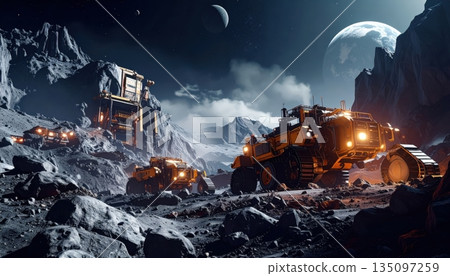 A white spaceship transport vehicle and a heavy snowplow machine driving across the cold snowy mountain road under a clear winter sky 135097259