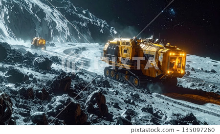 A white spaceship transport vehicle and a heavy snowplow machine driving across the cold snowy mountain road under a clear winter sky A white spaceship transport vehicle and a heavy snowplow machine driving across the cold snowy mountain road under a clear winter sky 135097260