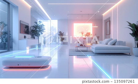 Modern living room interior design features luxury blue furniture with a comfortable sofa and armchair on parquet floor in a bright apartment house 135097261