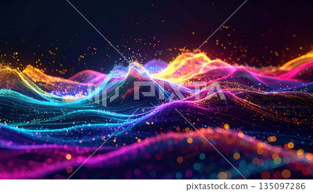 Bright light glow visualization of fractal realms and wave particle energy with dark space stars fantasy illustration Bright light glow visualization of fractal realms and wave particle energy with dark space stars fantasy illustration 135097286