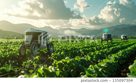 Two old steam-powered robots in the grass near a station with transportation equipment and weapons 135097304