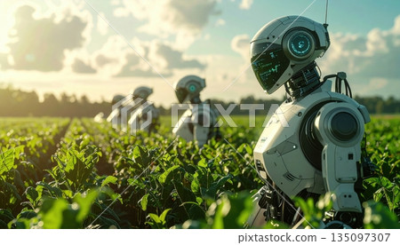 Two old steam-powered robots in the grass near a station with transportation equipment and weapons Two old steam-powered robots in the grass near a station with transportation equipment and weapons 135097307