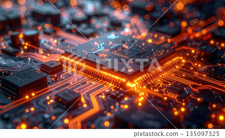 This macro shot highlights the complex electronic circuit board with its central processor chip and various mounted components, a testament to modern computer engineering and semiconductor technology This macro shot highlights the complex electronic circuit board with its central processor chip and various mounted components, a testament to modern computer engineering and semiconductor technology 135097325