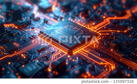 This macro shot highlights the complex electronic circuit board with its central processor chip and various mounted components, a testament to modern computer engineering and semiconductor technology 135097326