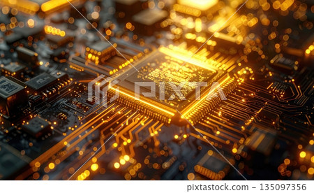 A macro shot of a green computer circuit board reveals complex electronic components and a central processor chip A macro shot of a green computer circuit board reveals complex electronic components and a central processor chip 135097356