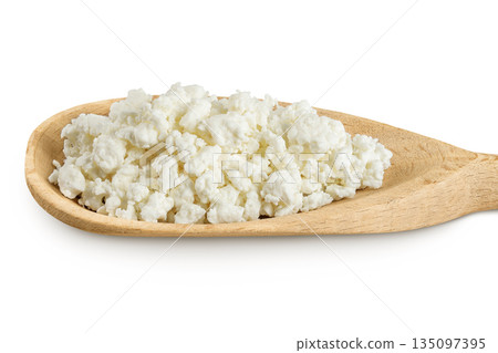 Cottage Cheese, Curd in wooden bowl isolated on white background with full depth of field Cottage Cheese, Curd in wooden bowl isolated on white background with full depth of field 135097395