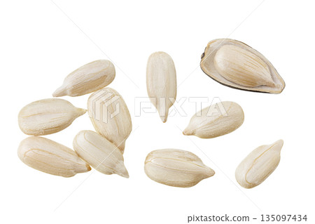 peeled sunflower seeds isolated on white background. Top view. Flat lay 135097434