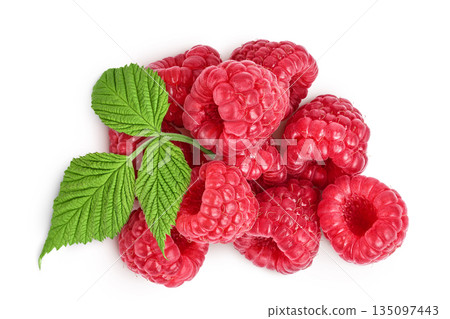Ripe raspberries with leaf isolated on a white background. Top view. Flat lay 135097443