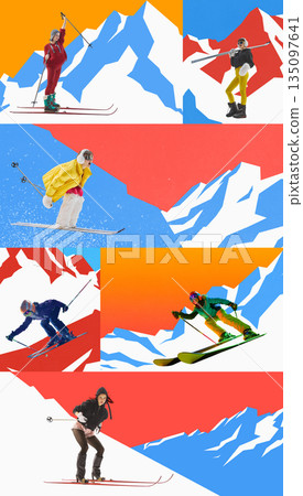 Modern winter sports poster with 3 athletes on graphic mountain backgrounds. Modern winter sports poster with 3 athletes on graphic mountain backgrounds. 135097641