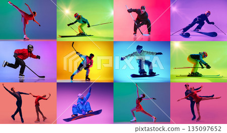 Colorful winter sports composition with 8 athletes in dynamic action on studio backgrounds. Colorful winter sports composition with 8 athletes in dynamic action on studio backgrounds. 135097652